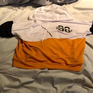 White and orange racing shirt! Very comfortable.